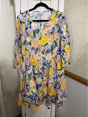 Foil 100% Linen Floral V-Neck Dress 3/4 sleeve Size 10